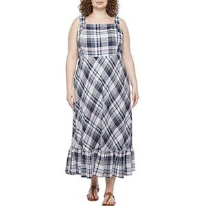 52seven Maxi Dress Women’ Plaid Sleeveless Square Neck  Smocked Linen Ruffle 16W